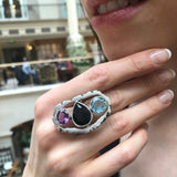 Onyx Statement Ring, Natural Onyx Ring, Multistone Ring, Amethyst Ring, Blue Topaz Ring, Large Boho Ring, Statement Vintage Ring, For Her
