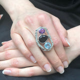 Onyx Statement Ring, Natural Onyx Ring, Multistone Ring, Amethyst Ring, Blue Topaz Ring, Large Boho Ring, Statement Vintage Ring, For Her