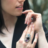 Onyx Statement Ring, Natural Onyx Ring, Multistone Ring, Amethyst Ring, Blue Topaz Ring, Large Boho Ring, Statement Vintage Ring, For Her