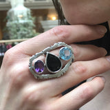 Onyx Statement Ring, Natural Onyx Ring, Multistone Ring, Amethyst Ring, Blue Topaz Ring, Large Boho Ring, Statement Vintage Ring, For Her