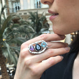 Onyx Statement Ring, Natural Onyx Ring, Multistone Ring, Amethyst Ring, Blue Topaz Ring, Large Boho Ring, Statement Vintage Ring, For Her