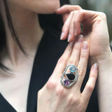 Onyx Statement Ring, Natural Onyx Ring, Multistone Ring, Amethyst Ring, Blue Topaz Ring, Large Boho Ring, Statement Vintage Ring, For Her