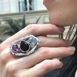 Onyx Statement Ring, Natural Onyx Ring, Multistone Ring, Amethyst Ring, Blue Topaz Ring, Large Boho Ring, Statement Vintage Ring, For Her
