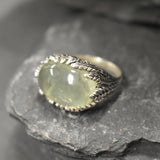 Horizontal Ring, Prehnite Ring, Natural Prehnite, May Birthstone, Leaf Ring, Unique Artistic Ring, Green Vintage Ring, Solid Silver Ring