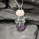 Bohemian Pendant, Multistone Pendant, Statement Pendant, Long Pendant, Three Stone Pendant, Heavy Pendant, Rose Quartz, Fluorite, Amethyst