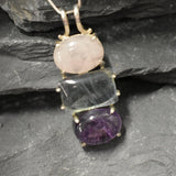 Bohemian Pendant, Multistone Pendant, Statement Pendant, Long Pendant, Three Stone Pendant, Heavy Pendant, Rose Quartz, Fluorite, Amethyst