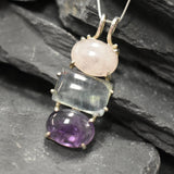Bohemian Pendant, Multistone Pendant, Statement Pendant, Long Pendant, Three Stone Pendant, Heavy Pendant, Rose Quartz, Fluorite, Amethyst