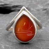 Red Carnelian Ring, Pearl Shape Ring, Teardrop Ring, Natural Agate Ring, 925 Sterling Silver Ring, Red Stone Ring, Real Agate Ring
