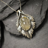 Large Leaf Pendant, Natural Rutilated Quartz, Rutilated Quartz Pendant, Silver Heavy Necklace, Sterling Silver Pendant, Bohemian Pendant