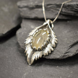 Large Leaf Pendant, Natural Rutilated Quartz, Rutilated Quartz Pendant, Silver Heavy Necklace, Sterling Silver Pendant, Bohemian Pendant