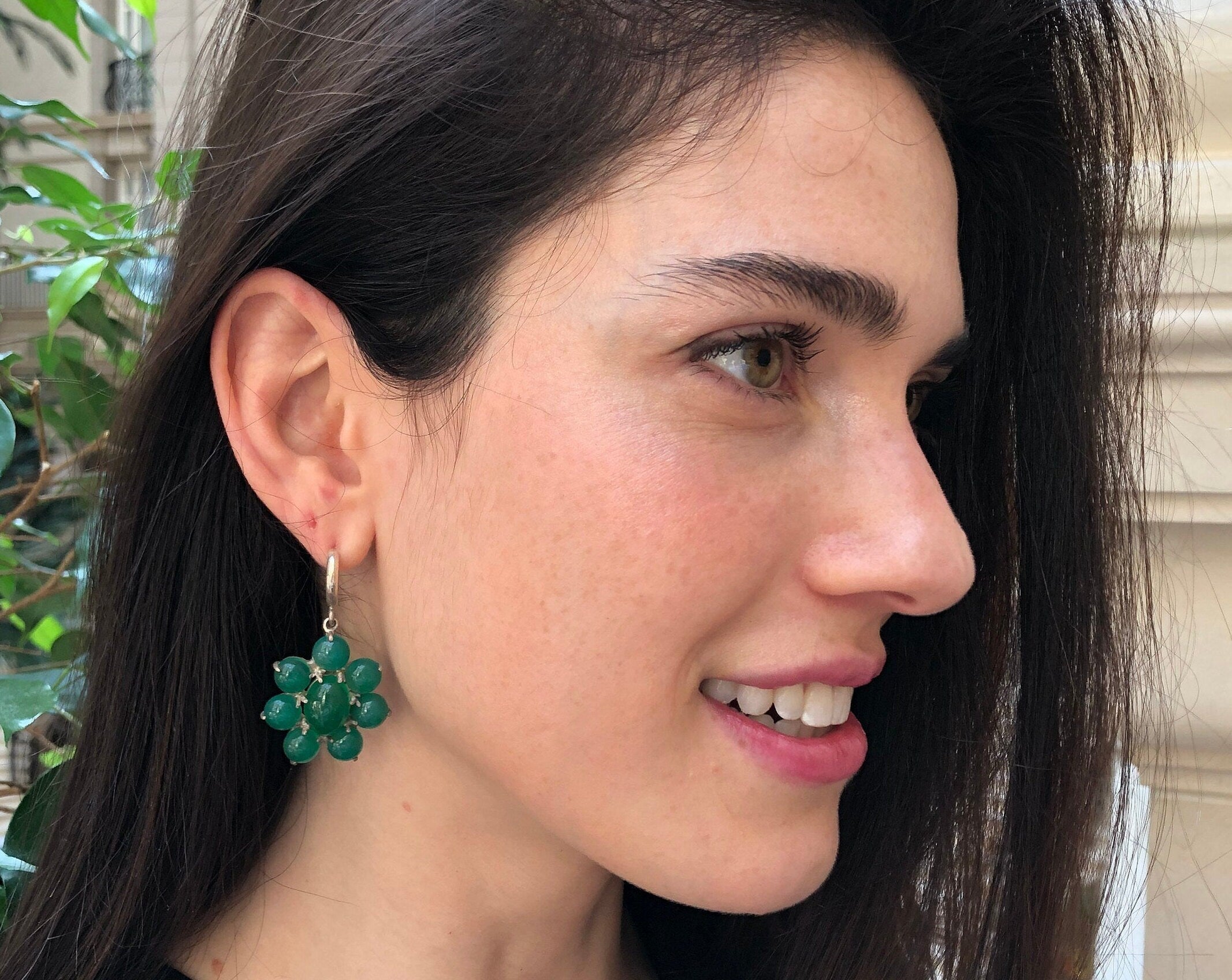 Big Flower Earrings, Natural Green Agate, Retro Earrings, Taurus Birthstone, Statement Earrings, Green Agate Earrings, Silver Earrings