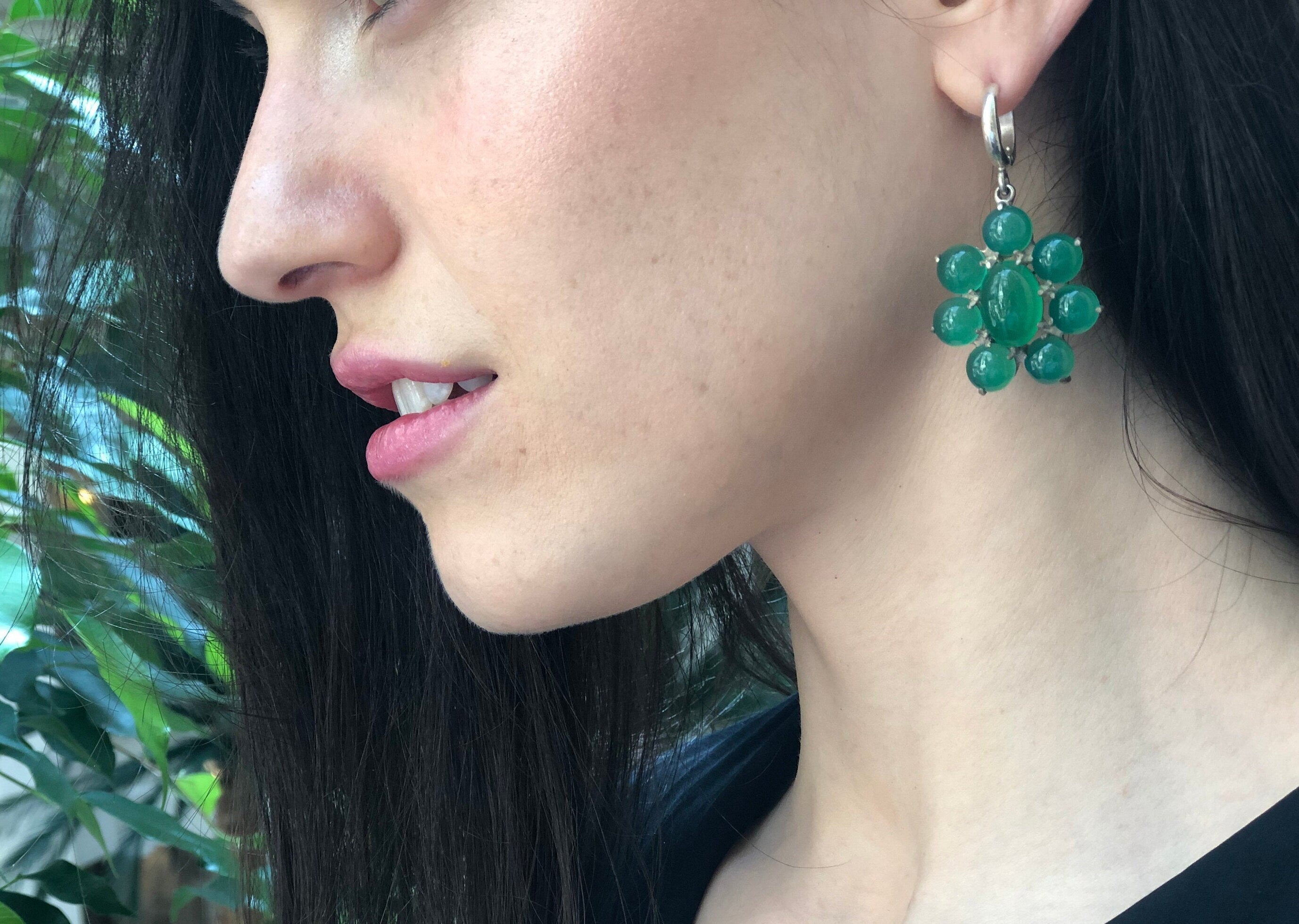 Big Flower Earrings, Natural Green Agate, Retro Earrings, Taurus Birthstone, Statement Earrings, Green Agate Earrings, Silver Earrings