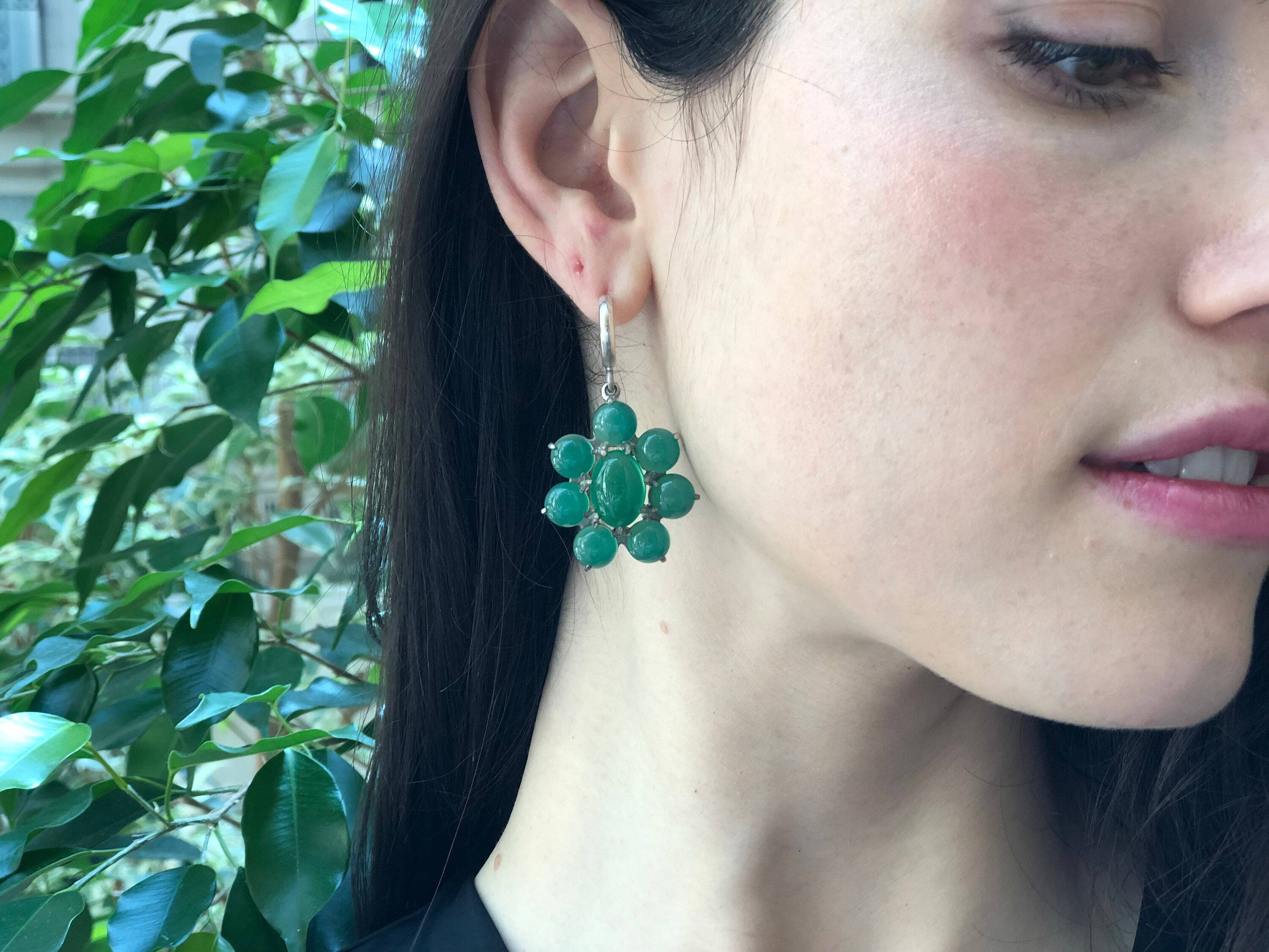 Big Flower Earrings, Natural Green Agate, Retro Earrings, Taurus Birthstone, Statement Earrings, Green Agate Earrings, Silver Earrings