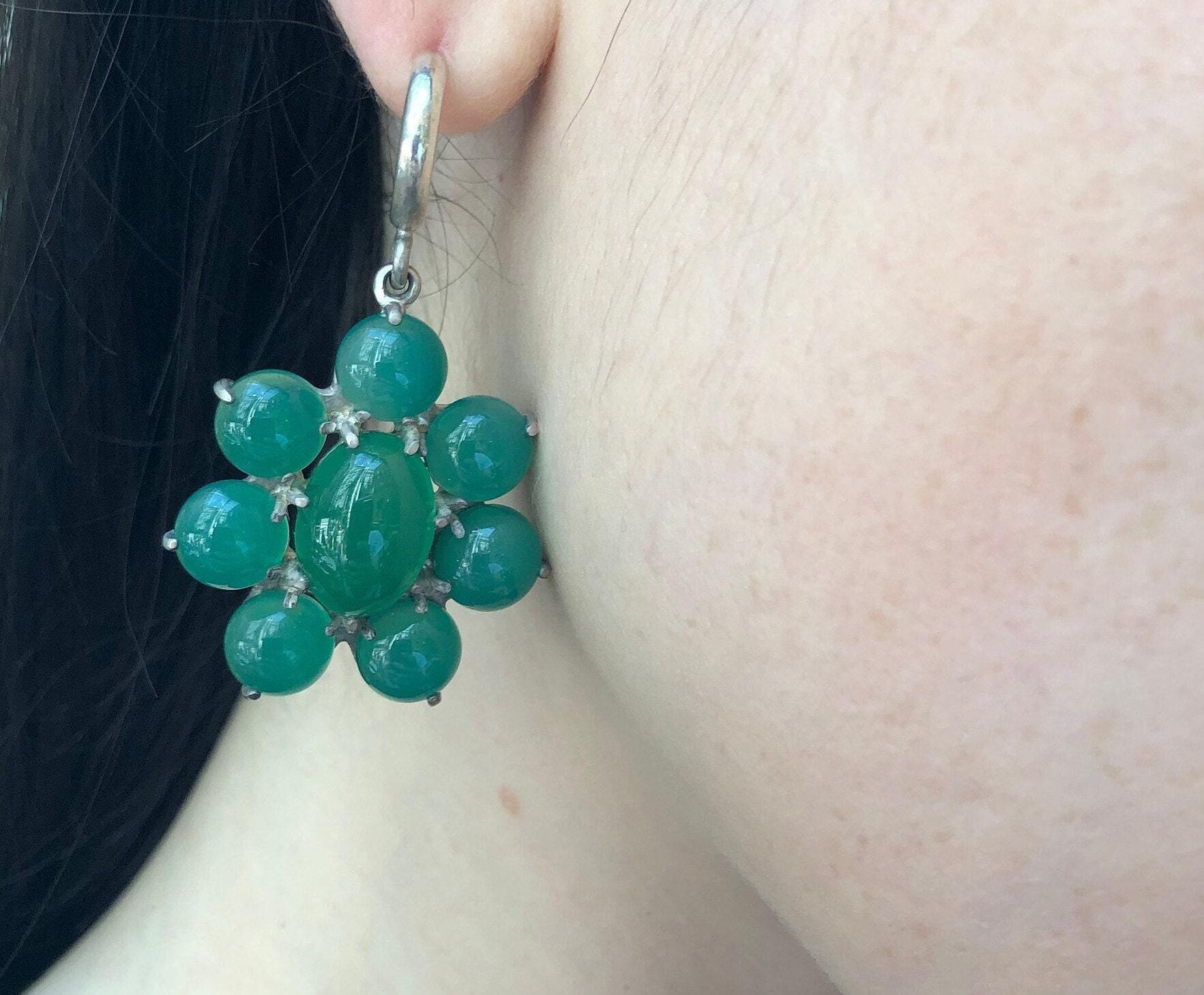 Big Flower Earrings, Natural Green Agate, Retro Earrings, Taurus Birthstone, Statement Earrings, Green Agate Earrings, Silver Earrings