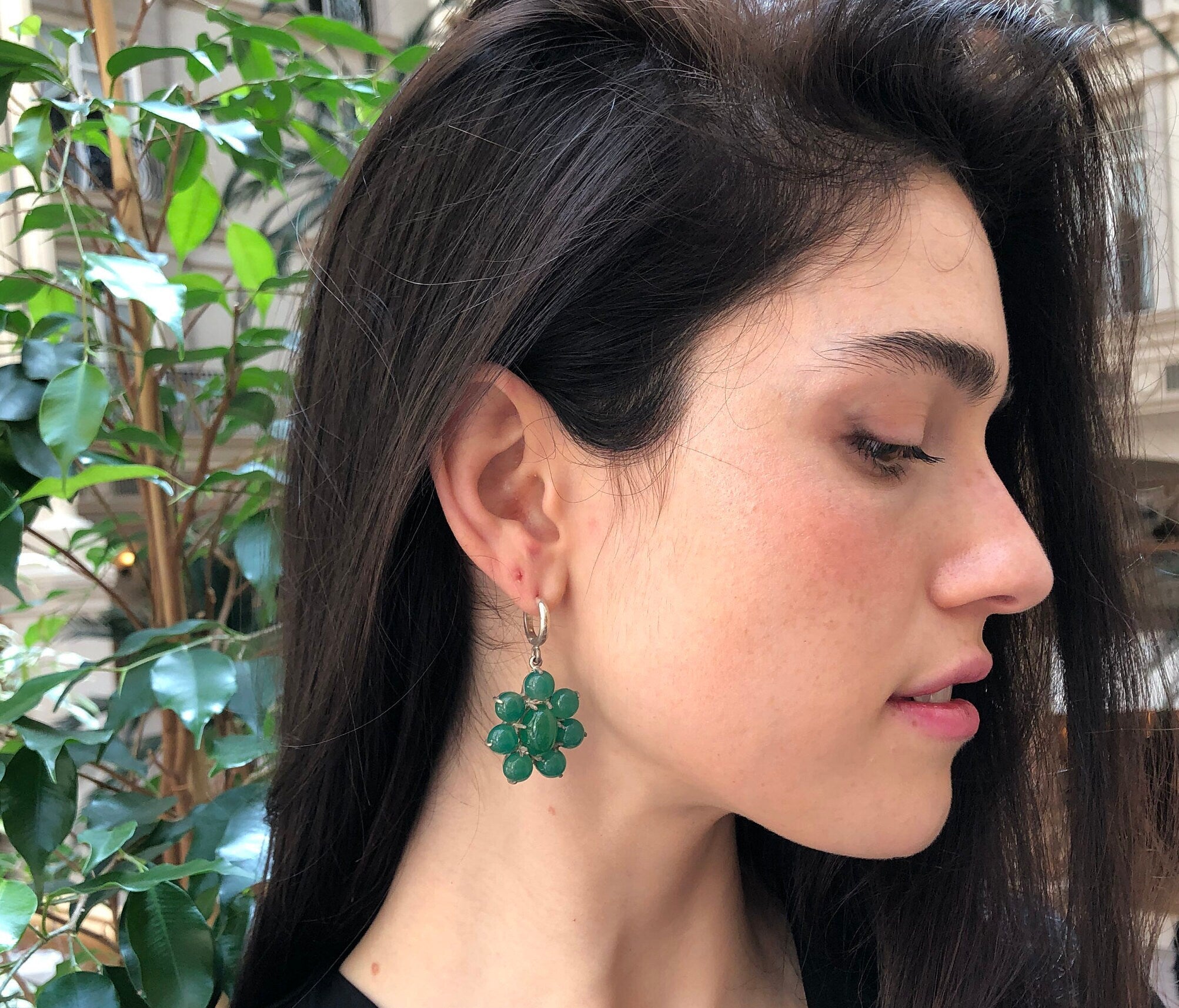 Big Flower Earrings, Natural Green Agate, Retro Earrings, Taurus Birthstone, Statement Earrings, Green Agate Earrings, Silver Earrings