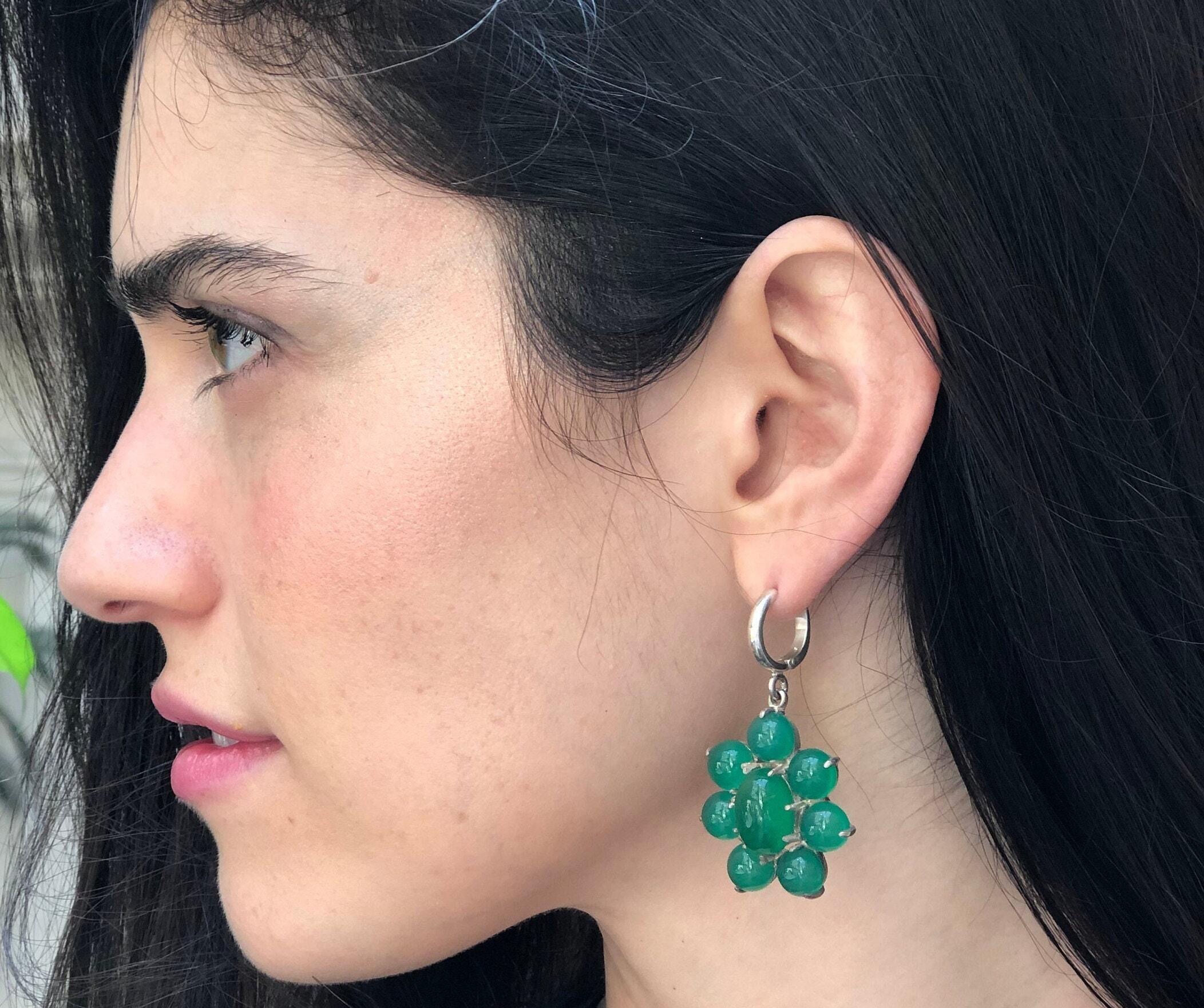 Big Flower Earrings, Natural Green Agate, Retro Earrings, Taurus Birthstone, Statement Earrings, Green Agate Earrings, Silver Earrings