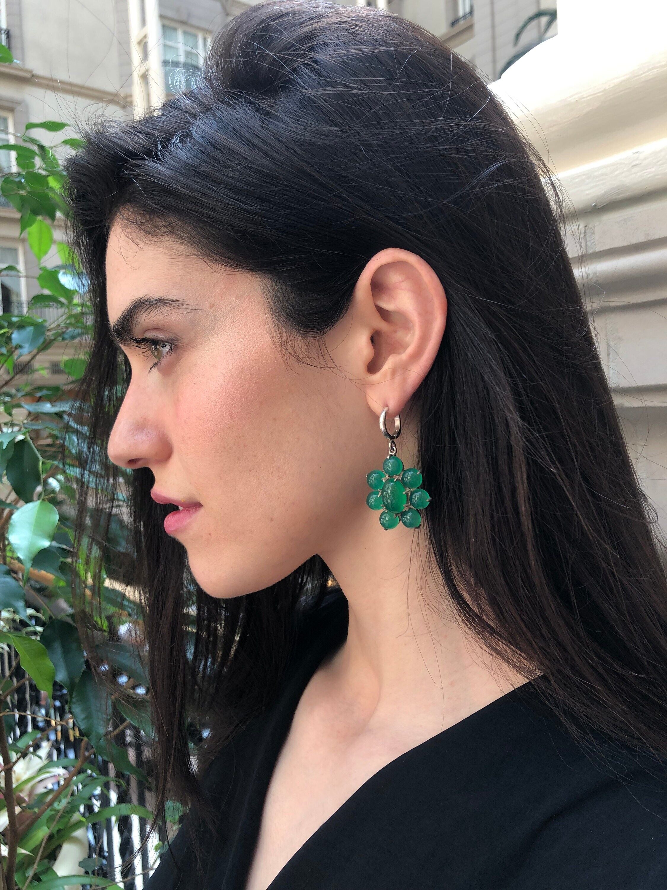 Big Flower Earrings, Natural Green Agate, Retro Earrings, Taurus Birthstone, Statement Earrings, Green Agate Earrings, Silver Earrings