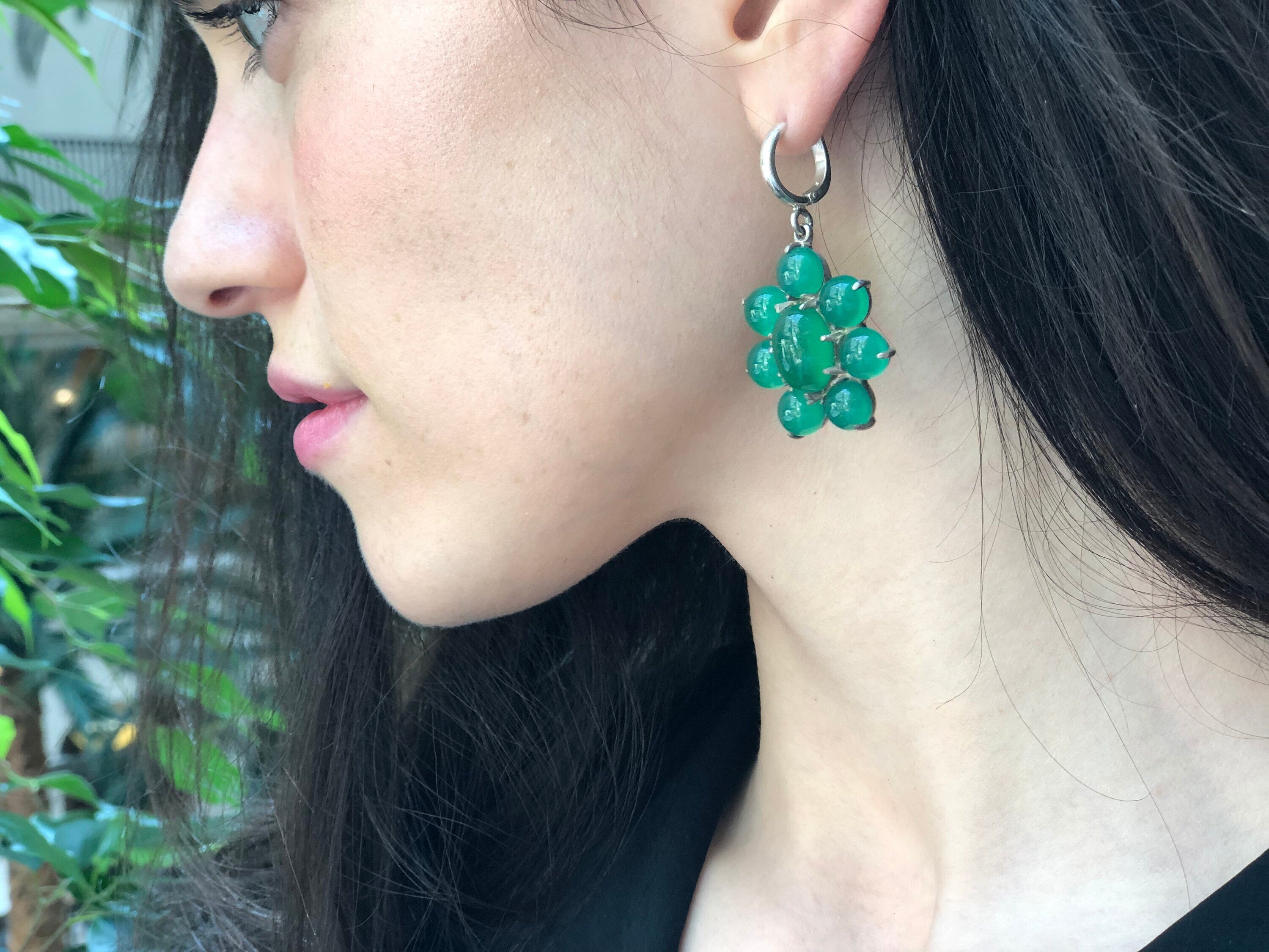 Big Flower Earrings, Natural Green Agate, Retro Earrings, Taurus Birthstone, Statement Earrings, Green Agate Earrings, Silver Earrings