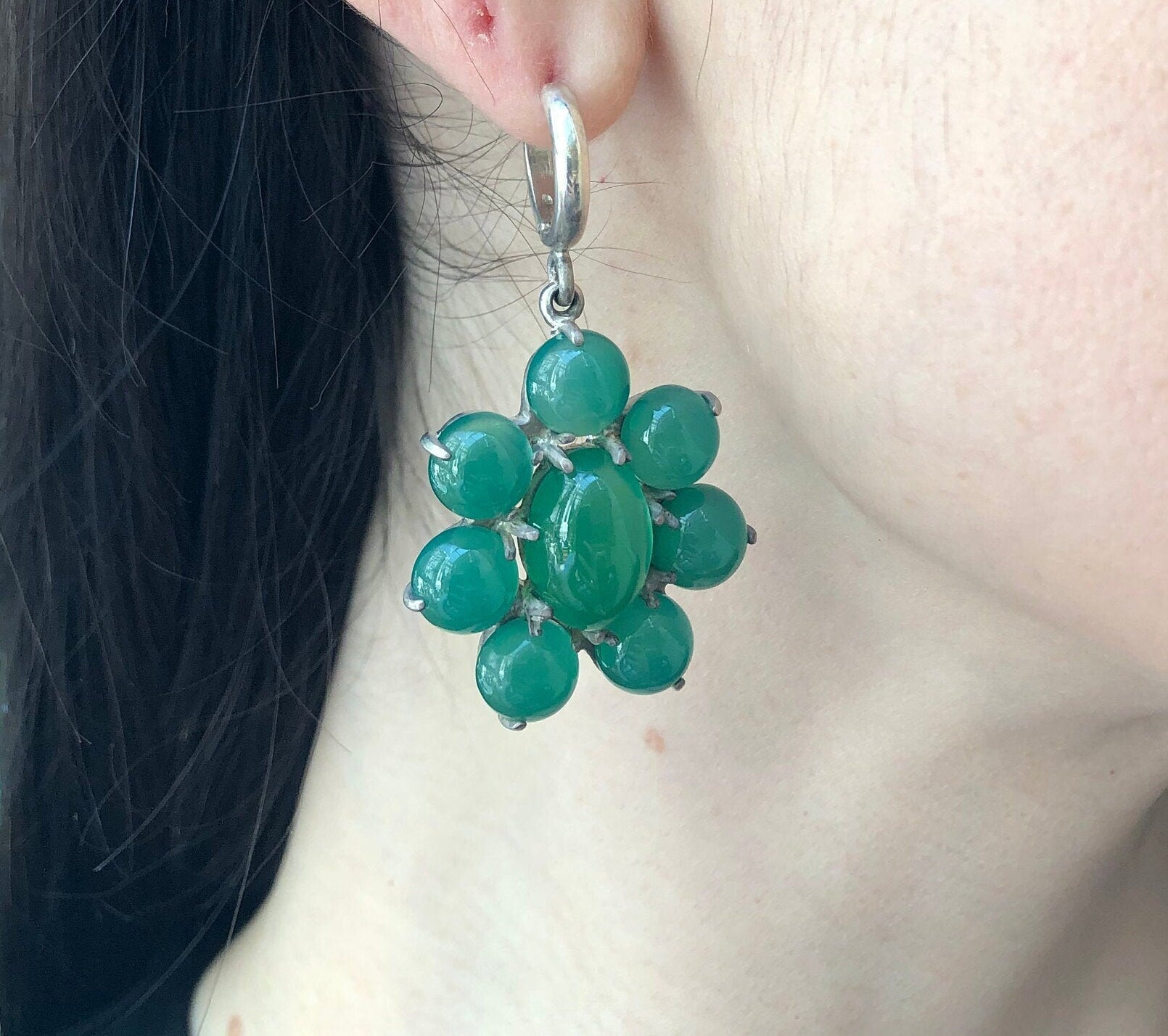 Big Flower Earrings, Natural Green Agate, Retro Earrings, Taurus Birthstone, Statement Earrings, Green Agate Earrings, Silver Earrings