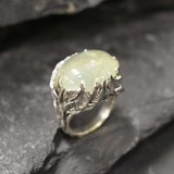 Leaf Ring, Prehnite Ring, Natural Prehnite, May Birthstone, Unique Artistic Ring, Green Vintage Ring, Horizontal Ring, Solid Silver Ring