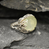 Leaf Ring, Prehnite Ring, Natural Prehnite, May Birthstone, Unique Artistic Ring, Green Vintage Ring, Horizontal Ring, Solid Silver Ring