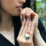 Mother of Pearl Ring, Natural Pearl Ring, Green Agate Ring, Silver Statement Ring, Natural Carnelian Ring, Multistone Ring, Rare by Adina
