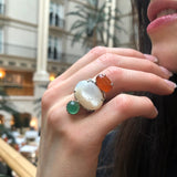Mother of Pearl Ring, Natural Pearl Ring, Green Agate Ring, Silver Statement Ring, Natural Carnelian Ring, Multistone Ring, Rare by Adina