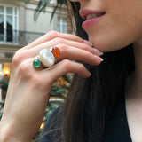 Mother of Pearl Ring, Natural Pearl Ring, Green Agate Ring, Silver Statement Ring, Natural Carnelian Ring, Multistone Ring, Rare by Adina