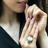 Mother of Pearl Ring, Natural Pearl Ring, Green Agate Ring, Silver Statement Ring, Natural Carnelian Ring, Multistone Ring, Rare by Adina
