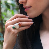 Mother of Pearl Ring, Natural Pearl Ring, Green Agate Ring, Silver Statement Ring, Natural Carnelian Ring, Multistone Ring, Rare by Adina