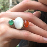 Mother of Pearl Ring, Natural Pearl Ring, Green Agate Ring, Silver Statement Ring, Natural Carnelian Ring, Multistone Ring, Rare by Adina