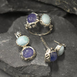 Multistone Ring, Larimar Ring, Tanzanite Ring, Silver Flower Ring, Natural Larimar Ring, Blue Tanzanite Ring, Unique Stone Ring, Silver Ring