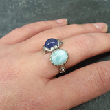 Multistone Ring, Larimar Ring, Tanzanite Ring, Silver Flower Ring, Natural Larimar Ring, Blue Tanzanite Ring, Unique Stone Ring, Silver Ring
