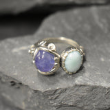 Multistone Ring, Larimar Ring, Tanzanite Ring, Silver Flower Ring, Natural Larimar Ring, Blue Tanzanite Ring, Unique Stone Ring, Silver Ring