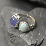 Multistone Ring, Larimar Ring, Tanzanite Ring, Silver Flower Ring, Natural Larimar Ring, Blue Tanzanite Ring, Unique Stone Ring, Silver Ring