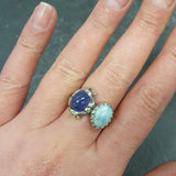 Multistone Ring, Larimar Ring, Tanzanite Ring, Silver Flower Ring, Natural Larimar Ring, Blue Tanzanite Ring, Unique Stone Ring, Silver Ring