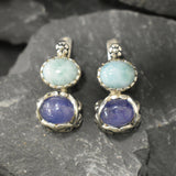 Multistone Earrings, Larimar Earrings, Tanzanite Earrings, Flower Earrings, 2 Stone Earrings, Heavy Earrings, 2 Stone Studs, Silver Earrings