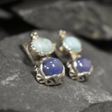 Multistone Earrings, Larimar Earrings, Tanzanite Earrings, Flower Earrings, 2 Stone Earrings, Heavy Earrings, 2 Stone Studs, Silver Earrings