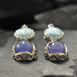 Multistone Earrings, Larimar Earrings, Tanzanite Earrings, Flower Earrings, 2 Stone Earrings, Heavy Earrings, 2 Stone Studs, Silver Earrings