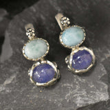 Multistone Earrings, Larimar Earrings, Tanzanite Earrings, Flower Earrings, 2 Stone Earrings, Heavy Earrings, 2 Stone Studs, Silver Earrings