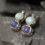 Multistone Earrings, Larimar Earrings, Tanzanite Earrings, Flower Earrings, 2 Stone Earrings, Heavy Earrings, 2 Stone Studs, Silver Earrings
