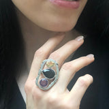 Onyx Silver Ring, Three Stone Statement Ring, Onyx Statement Ring, Large Boho Ring, Citrine Ring, Amethyst Ring, Colorful Ring, For Her