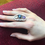 Onyx Silver Ring, Three Stone Statement Ring, Onyx Statement Ring, Large Boho Ring, Citrine Ring, Amethyst Ring, Colorful Ring, For Her
