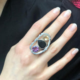 Onyx Silver Ring, Three Stone Statement Ring, Onyx Statement Ring, Large Boho Ring, Citrine Ring, Amethyst Ring, Colorful Ring, For Her