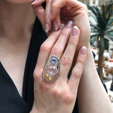 Rose Quartz Silver Ring, Three Stone Statement Ring, Colorful Statement Ring, Boho Ring, Long Ring, Blue Topaz Ring, Citrine Ring, For Her
