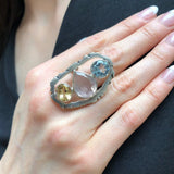 Rose Quartz Silver Ring, Three Stone Statement Ring, Colorful Statement Ring, Boho Ring, Long Ring, Blue Topaz Ring, Citrine Ring, For Her