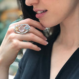 Rose Quartz Silver Ring, Three Stone Statement Ring, Colorful Statement Ring, Boho Ring, Long Ring, Blue Topaz Ring, Citrine Ring, For Her