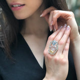 Rose Quartz Silver Ring, Three Stone Statement Ring, Colorful Statement Ring, Boho Ring, Long Ring, Blue Topaz Ring, Citrine Ring, For Her