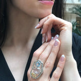 Rose Quartz Silver Ring, Three Stone Statement Ring, Colorful Statement Ring, Boho Ring, Long Ring, Blue Topaz Ring, Citrine Ring, For Her