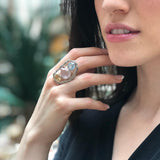 Rose Quartz Silver Ring, Three Stone Statement Ring, Colorful Statement Ring, Boho Ring, Long Ring, Blue Topaz Ring, Citrine Ring, For Her